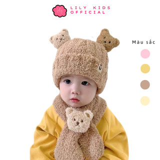 Mũ len gấu 3d cho bé - set nón kèm khăn quàng cổ