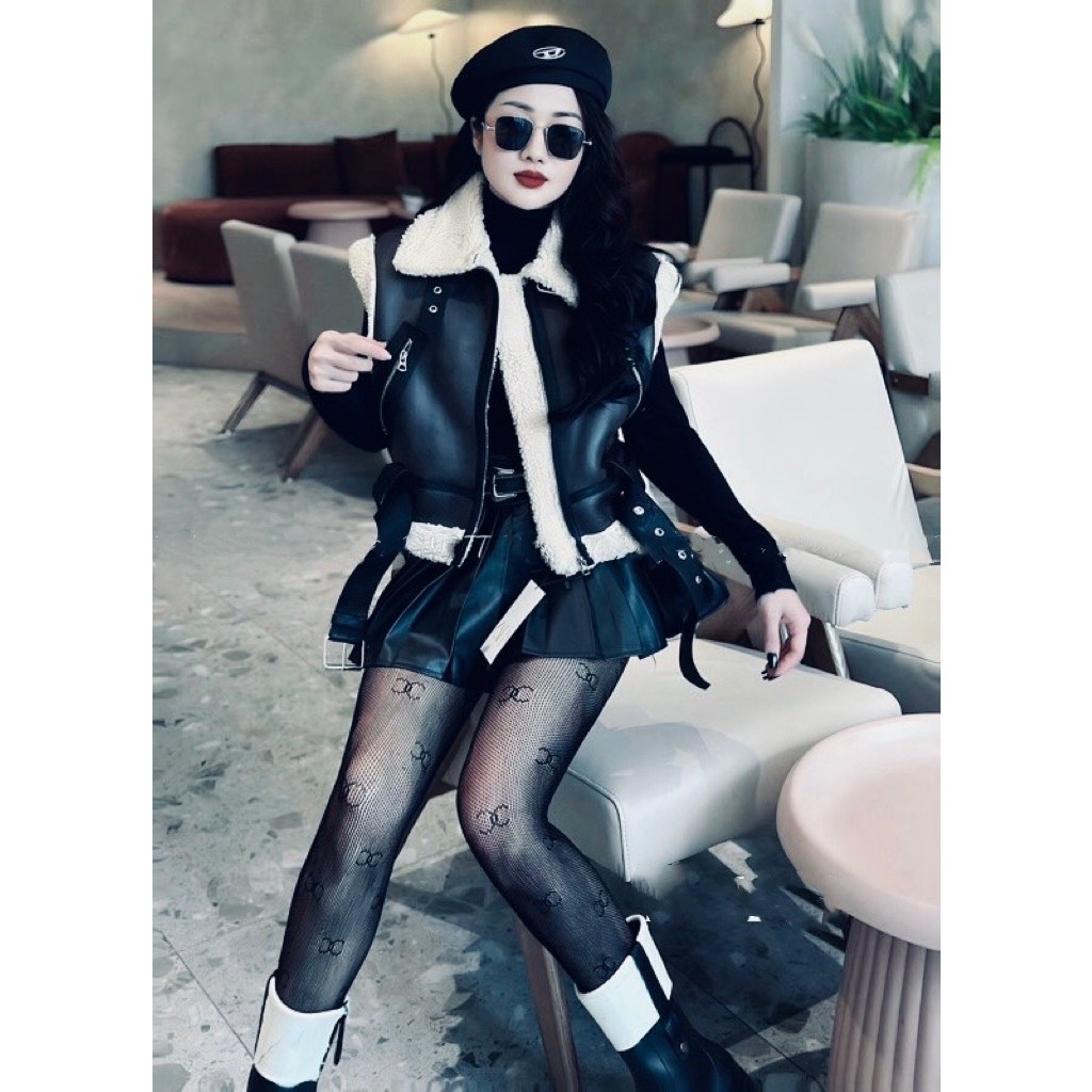 Áo Khoác Đen Gile Da Phối Lông Có Đai, Lot Lông Cừu Siêu Sịn QCCC