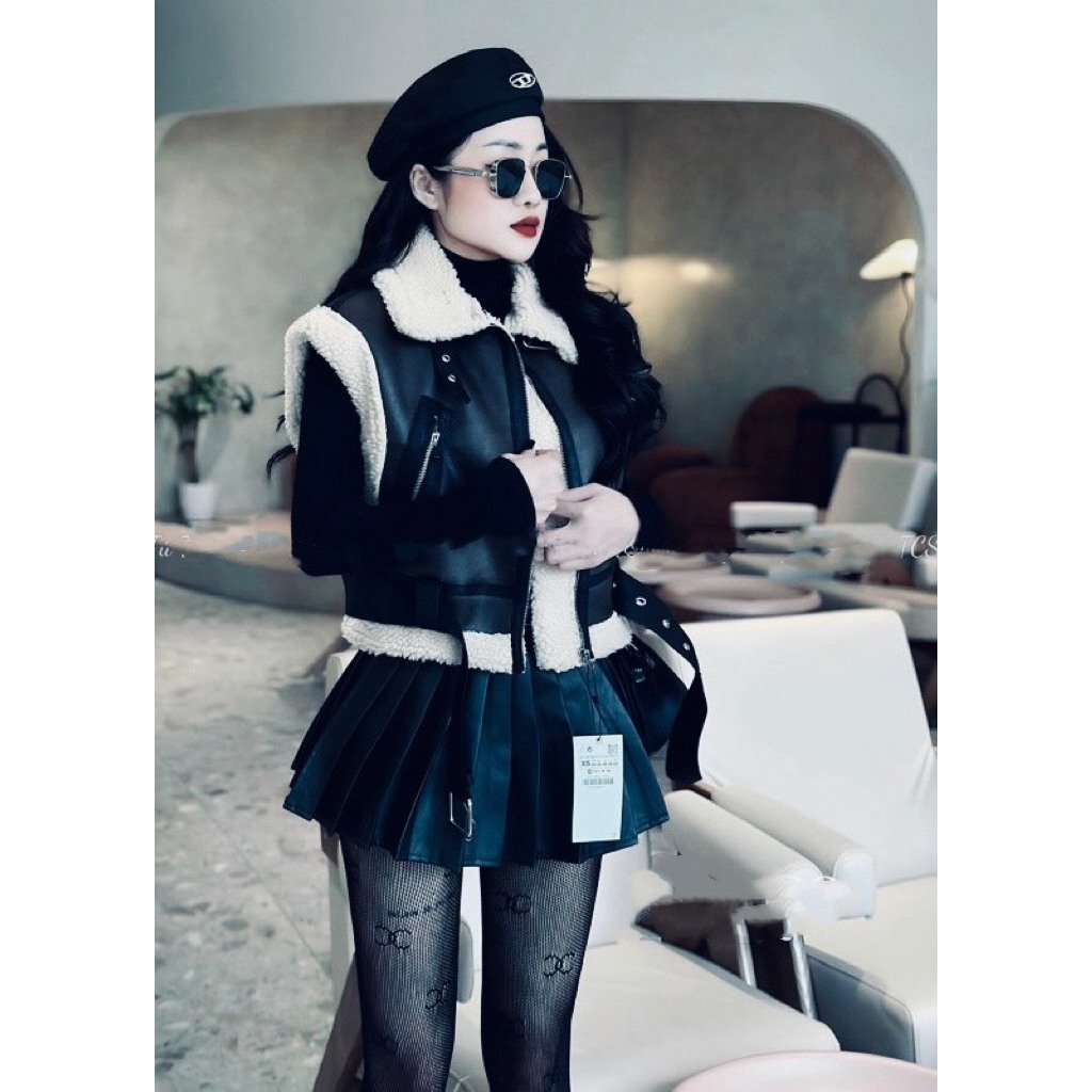 Áo Khoác Đen Gile Da Phối Lông Có Đai, Lot Lông Cừu Siêu Sịn QCCC