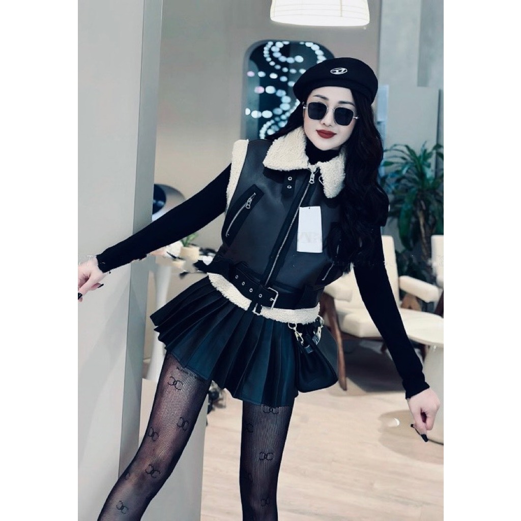 Áo Khoác Đen Gile Da Phối Lông Có Đai, Lot Lông Cừu Siêu Sịn QCCC