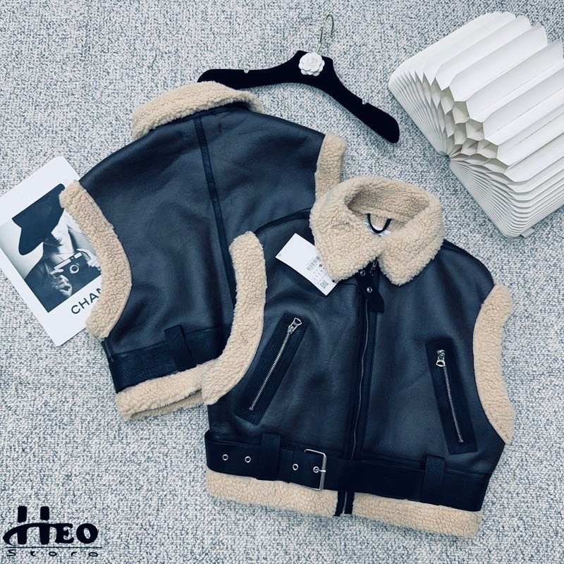 Áo Khoác Đen Gile Da Phối Lông Có Đai, Lot Lông Cừu Siêu Sịn QCCC