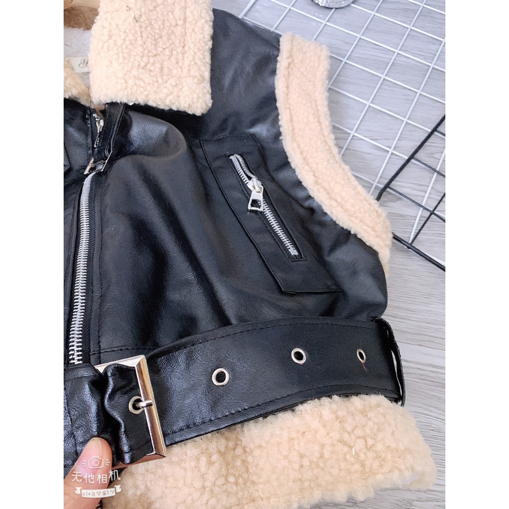 Áo Khoác Đen Gile Da Phối Lông Có Đai, Lot Lông Cừu Siêu Sịn QCCC