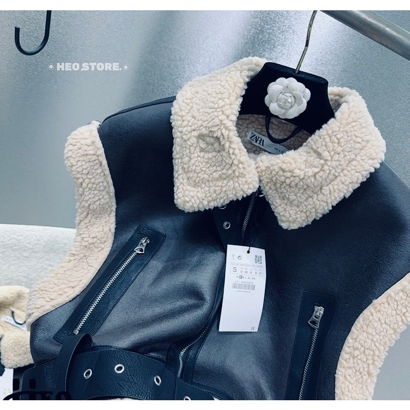 Áo Khoác Đen Gile Da Phối Lông Có Đai, Lot Lông Cừu Siêu Sịn QCCC