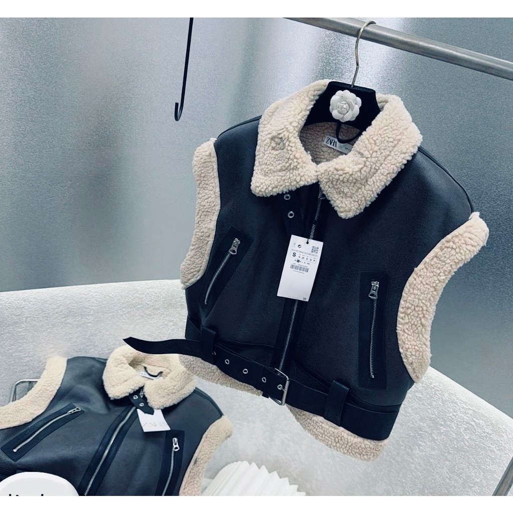 Áo Khoác Đen Gile Da Phối Lông Có Đai, Lot Lông Cừu Siêu Sịn QCCC