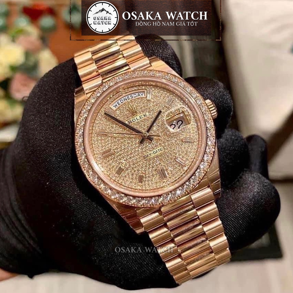 Đồng Hồ Cơ Nam Rolex Day Date R53FD Vàng Hồng Đính Đá Full Kim Cương Dây Kim Loại Lịch Ngày Thứ Cao Cấp Sang Trọng