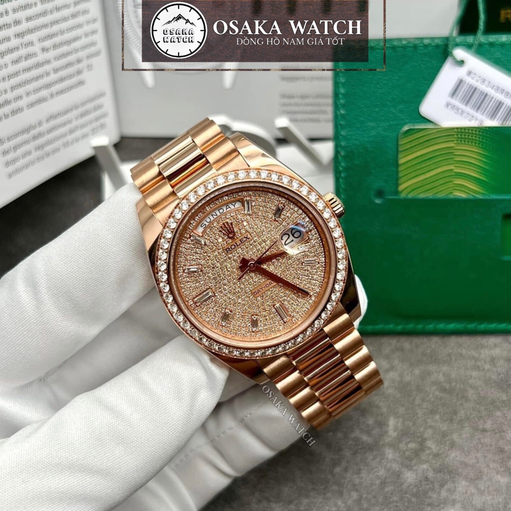 Đồng Hồ Cơ Nam Rolex Day Date R53FD Vàng Hồng Đính Đá Full Kim Cương Dây Kim Loại Lịch Ngày Thứ Cao Cấp Sang Trọng