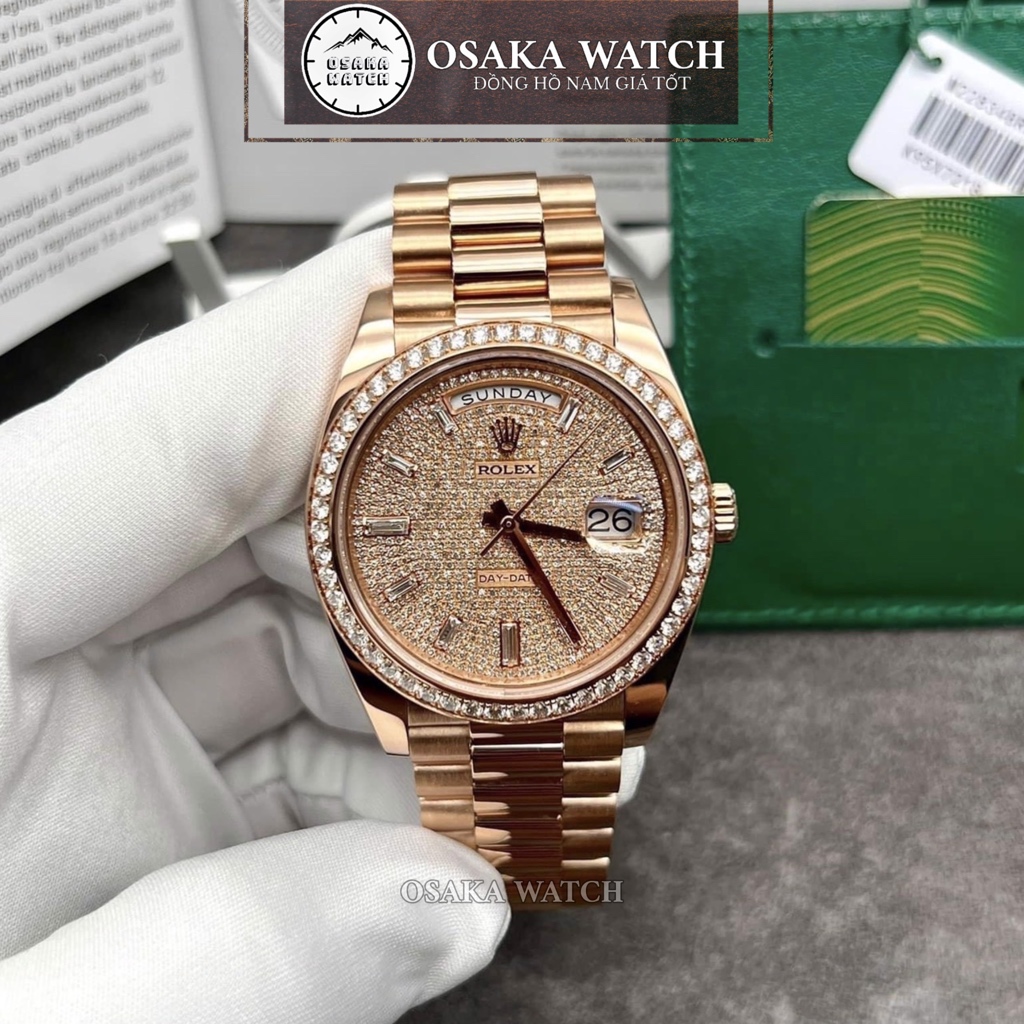 Đồng Hồ Cơ Nam Rolex Day Date R53FD Vàng Hồng Đính Đá Full Kim Cương Dây Kim Loại Lịch Ngày Thứ Cao Cấp Sang Trọng