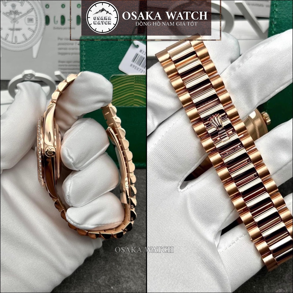 Đồng Hồ Cơ Nam Rolex Day Date R53FD Vàng Hồng Đính Đá Full Kim Cương Dây Kim Loại Lịch Ngày Thứ Cao Cấp Sang Trọng