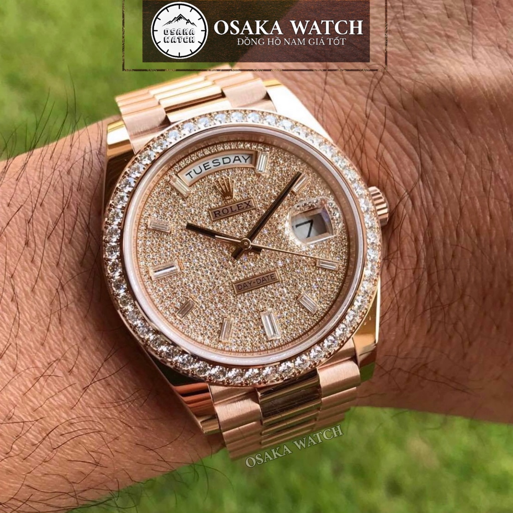 Đồng Hồ Cơ Nam Rolex Day Date R53FD Vàng Hồng Đính Đá Full Kim Cương Dây Kim Loại Lịch Ngày Thứ Cao Cấp Sang Trọng