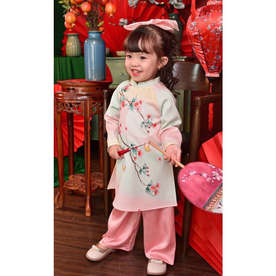 Set Áo dài cách tân Hoa Đào bé gái kèm quần Satin (New) áo chất Nhung pha gấm