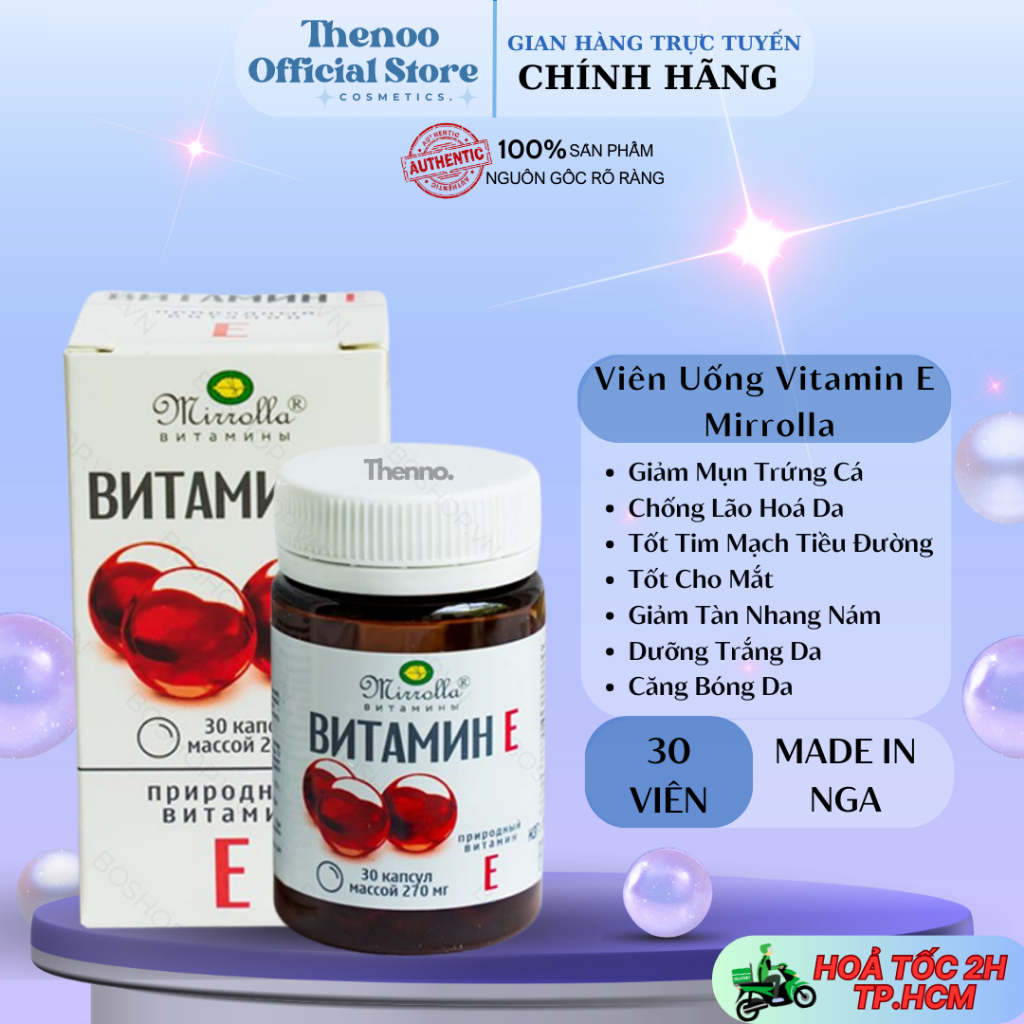 Viên Uống Bổ Sung Vitamin E Đỏ Đẹp Da Ngừa Lão Hóa 270mg Mirrolla Nga hộp 30 Viên
