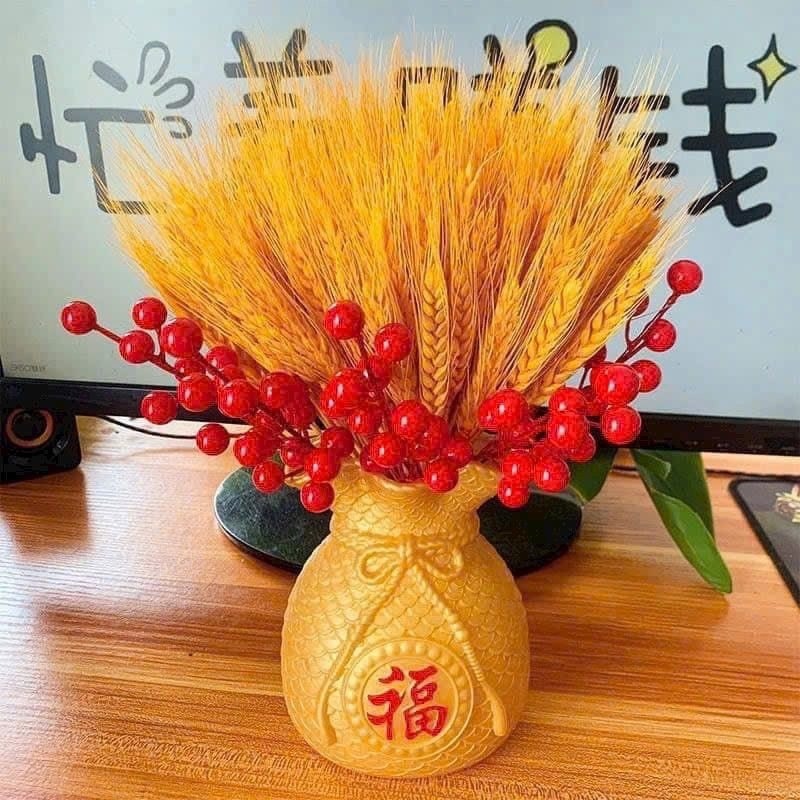 Set Bình Cắm Hoa Túi Tiền Kèm Cành Đào Đông Đỏ Và Lúa Mạch