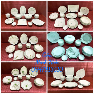 Bát đĩa sứ Bát Tràng Hoa Sen, hoa Đào đỏ, xanh ngọc, hoa Bồ công anh