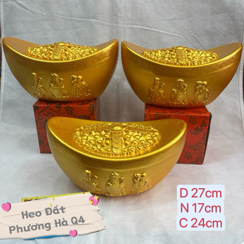 Ống Heo Đất Tiết Kiệm THỎI VÀNG CÓ 3 ÔNG PHÚC - LỘC - THỌ Bằng Thạch Cao Size 20cm * 13cm (màu vàng rực 24k bao đẹp)