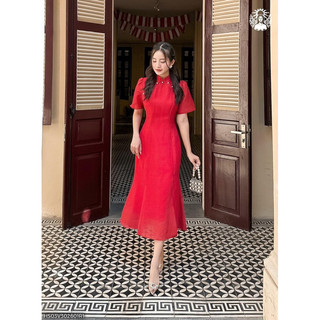 Đầm midi đỏ cổ tàu/đầm cách tân