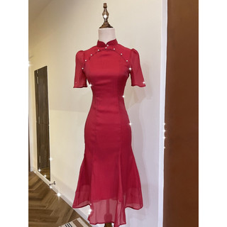 Đầm midi đỏ cổ tàu/đầm cách tân