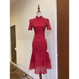 Đầm midi đỏ cổ tàu/đầm cách tân