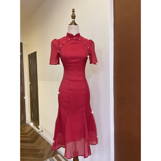 Đầm midi đỏ cổ tàu/đầm cách tân