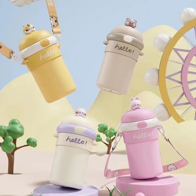 Bình Nước Giữ Nhiệt Họa Tiết Hoạt Hình Dễ Thương kèm miếng dán 3D - B14