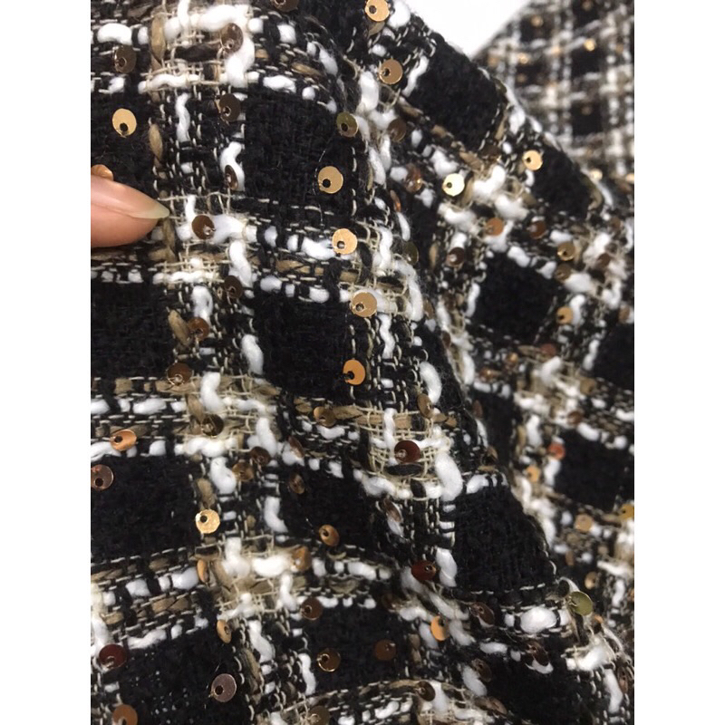 Vải Bố Dạ Tweed sọc caro đen trắng kết kim sa mềm co giãn nhẹ (khổ 1m5)may đầm váy,Blazer ,Comple thời trang