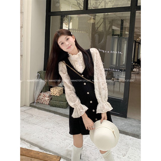 Set áo sơ mi tay bèo mix váy yếm xoè nhung tăm tiểu thư