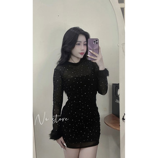 [SẴN] Đầm body thun nhũ tay dài phối lông
