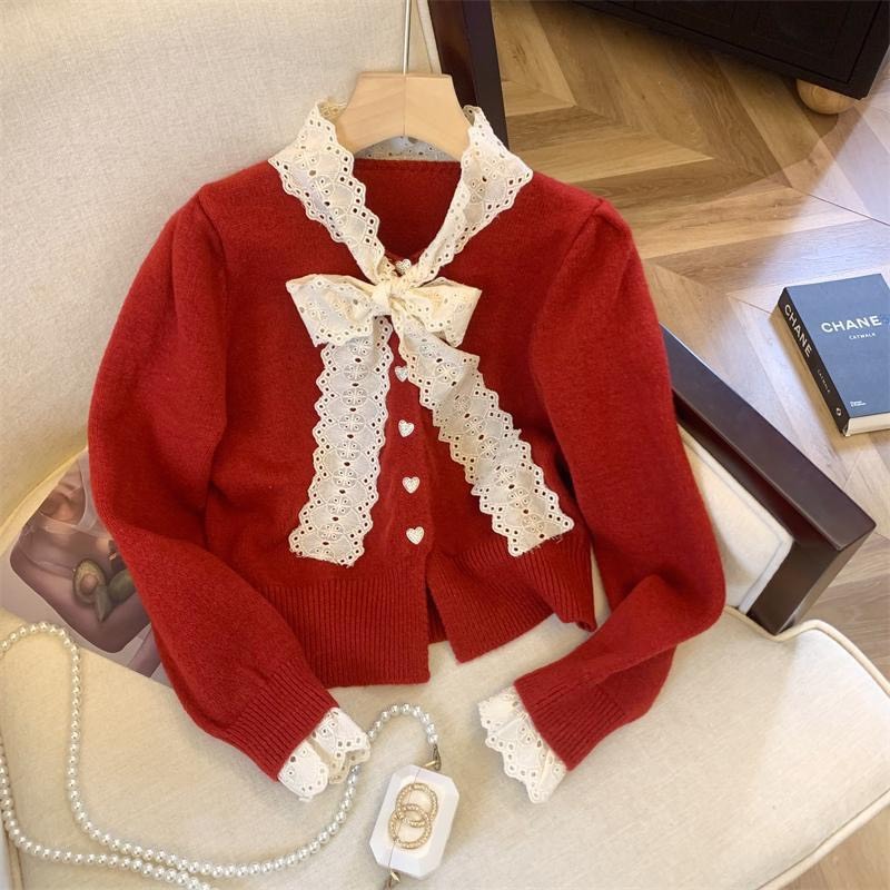 Áo len cardigan cúc ngọc cổ nơ ALW2447