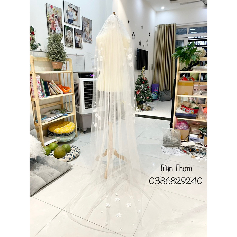 Lúp cô dâu, khăn voan cô dâu đính hoa lụa xinh xắn TH21