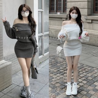 [Sẵn sịn sò] Váy len trễ vai tay dơi  chân váy ôm 3 màu sang chảnh, Váy nữ dài tay đính cúc chất dày mịn LanuShop