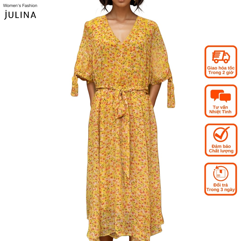 Váy đầm bigsize midi tay lỡ in hoa nhí màu vàng size cỡ lớn jf873