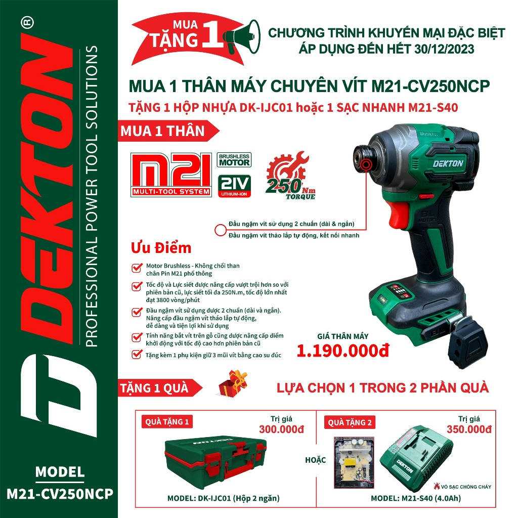 Thân Máy Chuyên Vít DEKTON CV250NCP - Chân Pin Phổ Thông - Lực Siết 250Nm - Tốc Máy 3800 v/p -Bảng Điều Khiển Thông Minh