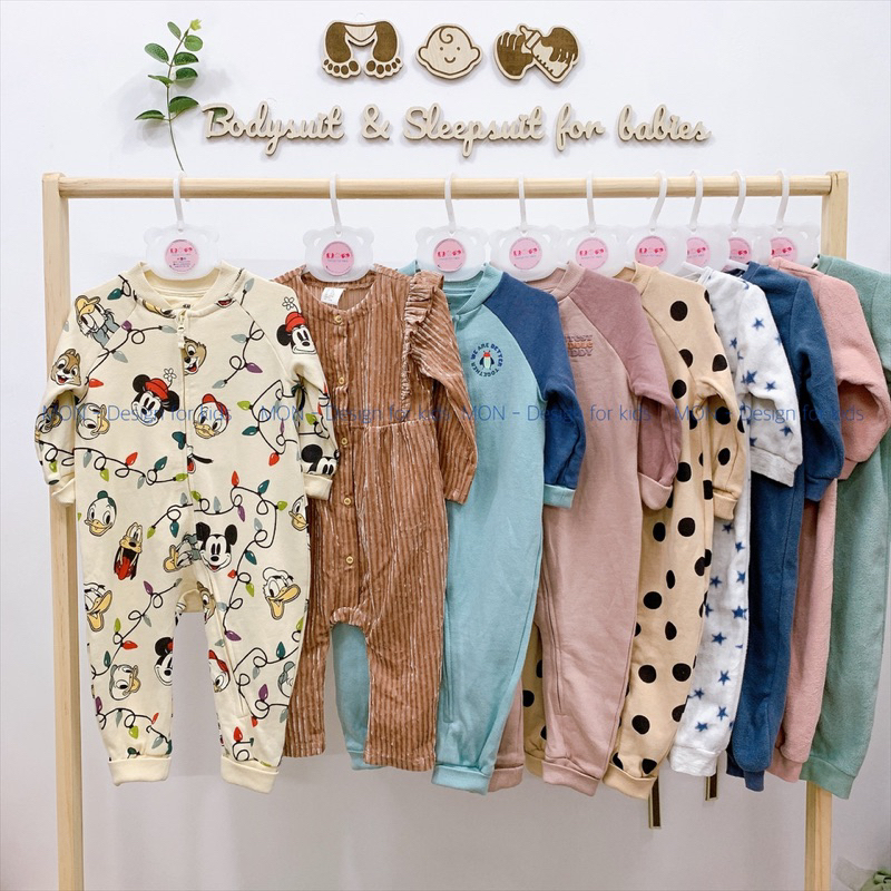 Sleepsuit nỉ HM hàng xuất KHÓA KÉO không tất chân, bộ body liền thân vải nỉ mềm mại cho bé r