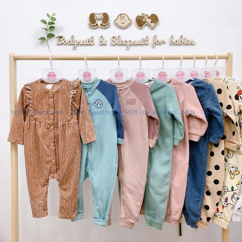Sleepsuit nỉ HM hàng xuất KHÓA KÉO không tất chân, bộ body liền thân vải nỉ mềm mại cho bé r