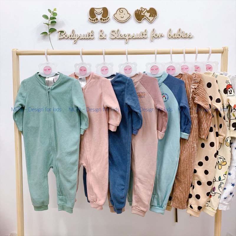 Sleepsuit nỉ HM hàng xuất KHÓA KÉO không tất chân, bộ body liền thân vải nỉ mềm mại cho bé r