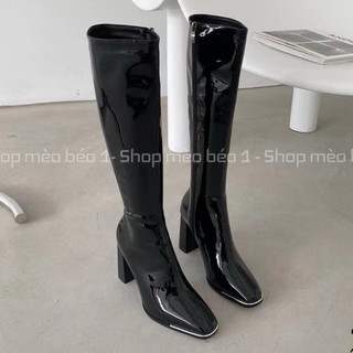 Bốt boot đùi lửng da bóng mũi viền kim loại gót trụ fullbox hàng quảng châu cao cấp