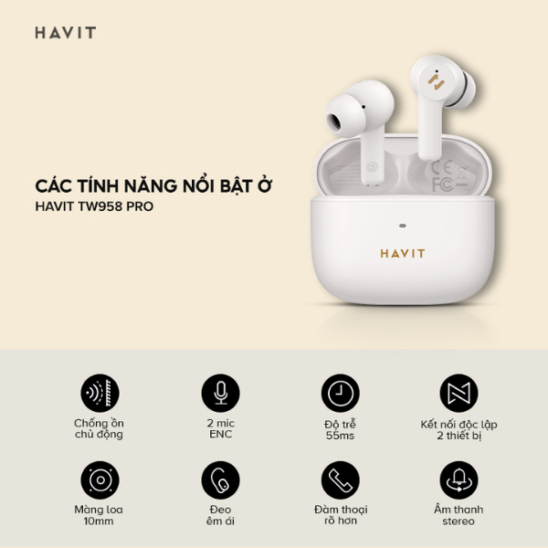 Tai Nghe TWS HAVIT TW958 Pro, Chống Ồn Chủ Động ANC, 2 Khử Ồn ENC, Nghe Nhạc 32H - Chính Hãng BH 12 Tháng | BigBuy360 - bigbuy360.vn
