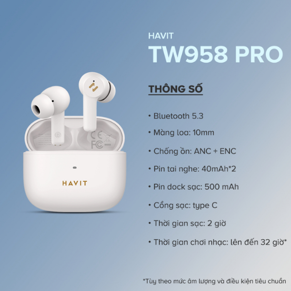 Tai Nghe TWS HAVIT TW958 Pro, Chống Ồn Chủ Động ANC, 2 Khử Ồn ENC, Nghe Nhạc 32H - Chính Hãng BH 12 Tháng | BigBuy360 - bigbuy360.vn