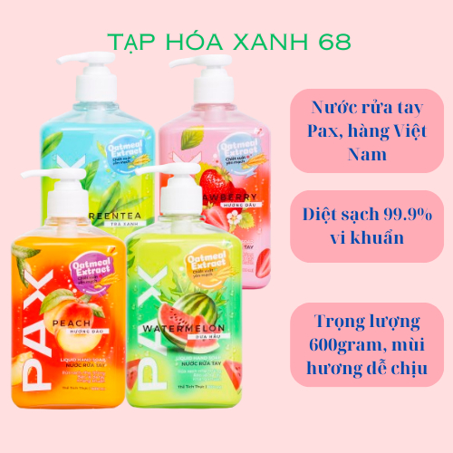 Nước Rửa Tay PAX 600ml Thơm Dịu, Diệt Khuẩn, Xà Phòng Dưỡng Ẩm Bảo Vệ Da Tay Tạo Bọt
