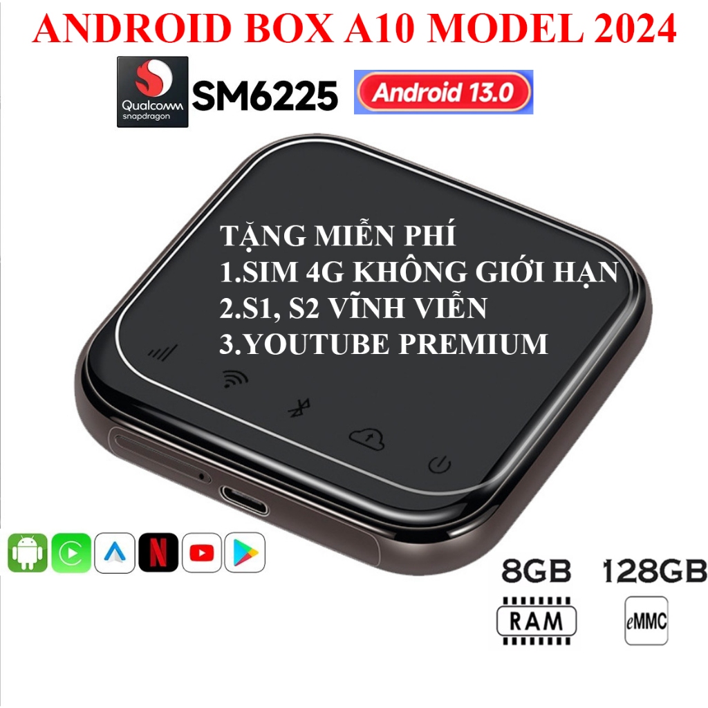 Carplay Android Box ô tô HJ A10 Qualcomm 6225 Android 13 tặng Vietmap S2, cấu hình KHỦNG mạnh nhất 2024