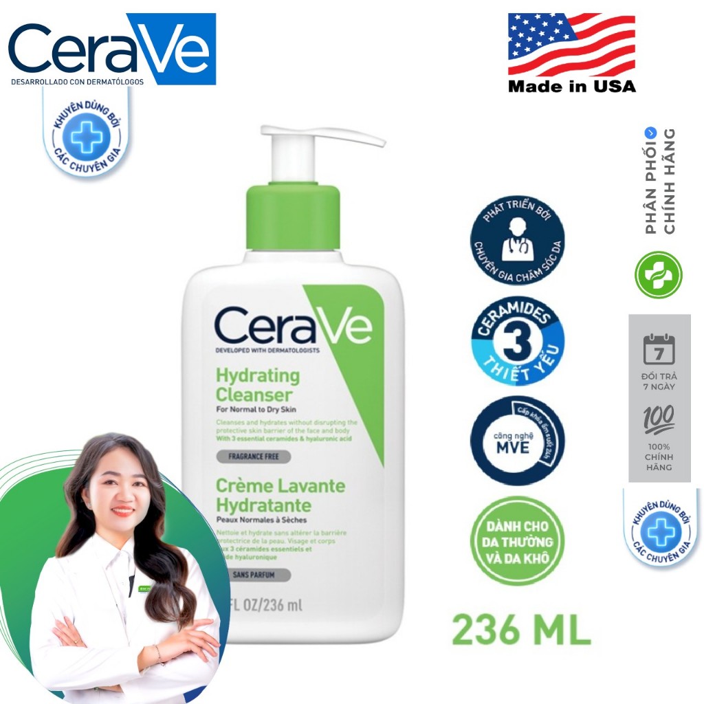 Sữa rửa mặt CeraVe dành cho da thường và da khô CeraVe Foaming Facial Cleanser 263ml