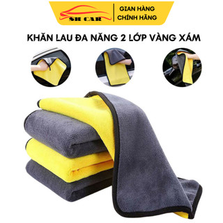 Khăn lau ô tô chuyên dụng 2 lớp 30x30cm siêu thấm hút nước- khăn lau ô tô 2 mặt vàng xám cao cấp không ra lông