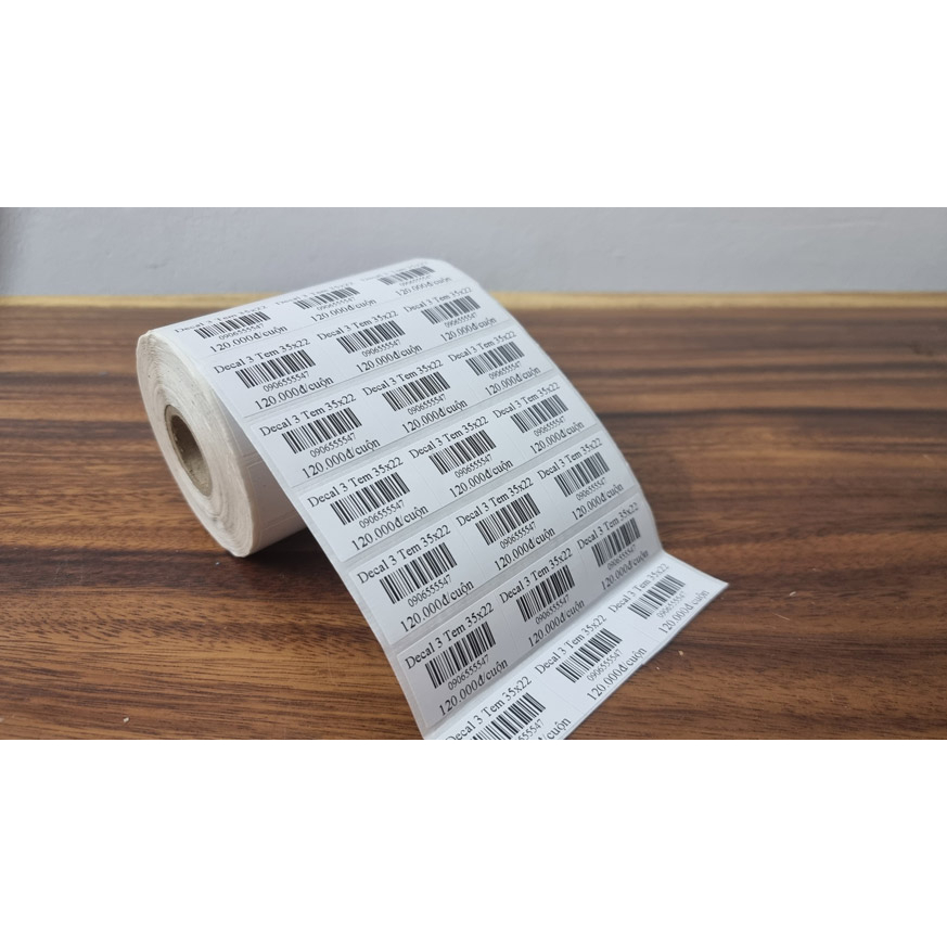 Giấy in tem 35x22mm, 3 tem/hàng, cuộn 50m dùng cho máy in mực khổ 110mm