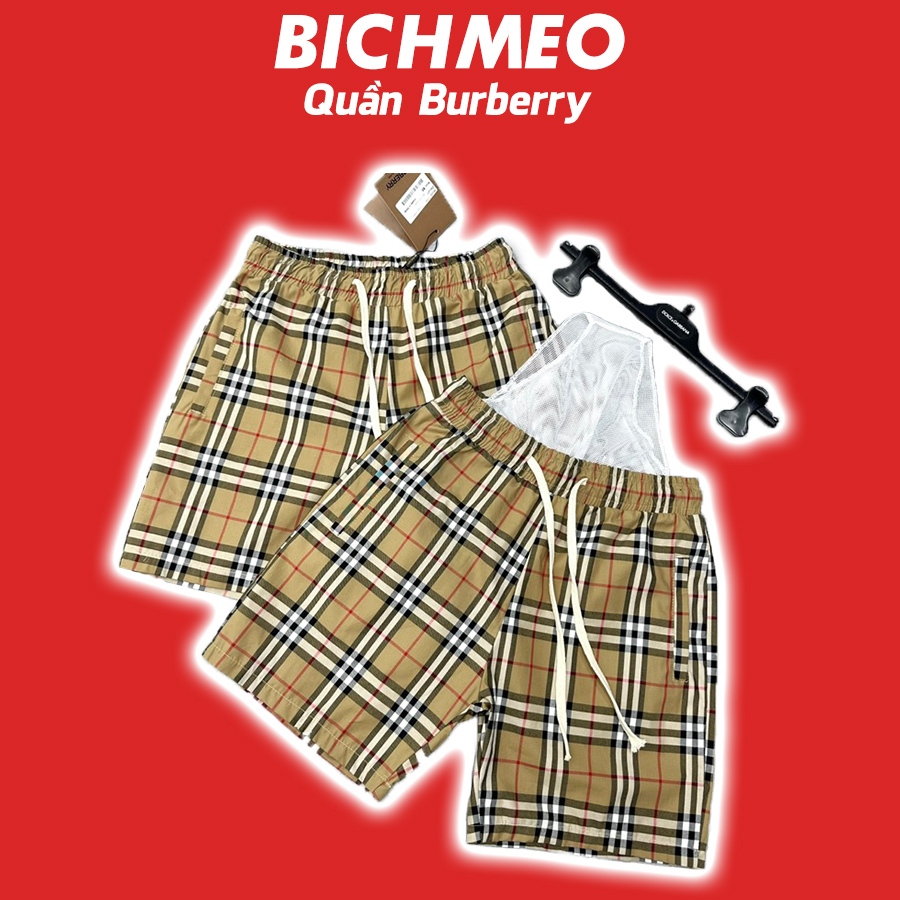 Quần Short Gió Burberry Hoạ Tiết Kẻ Sọc Cạp Chun Dây Thắt - Quần Đùi Cho Các Boy Phố Cực Cháy - bichmeo_boutique QG013