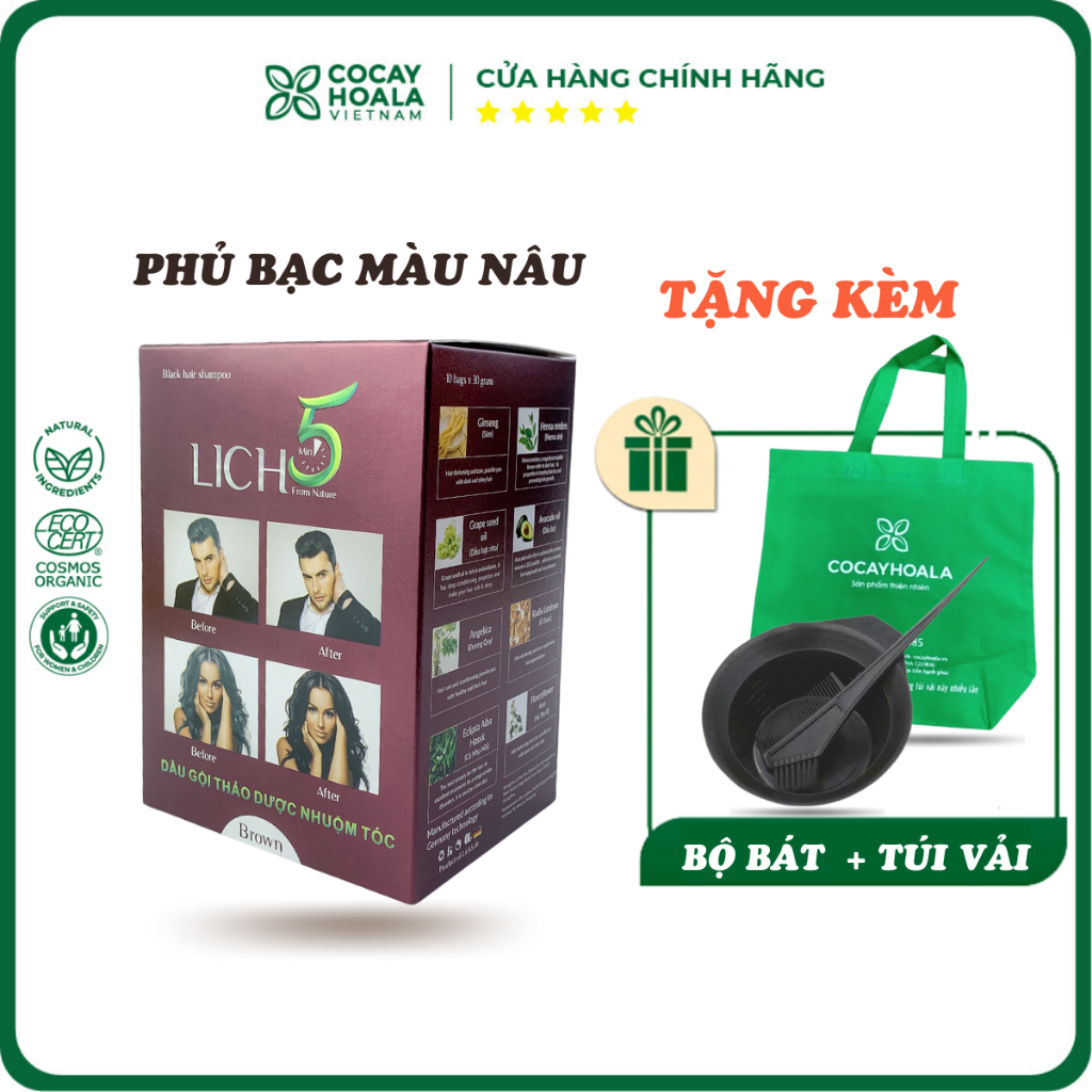 Dầu gội phủ bạc màu Nâu Đen Lich5 Nhuộm tóc bạc màu nâu thảo dược không mùi ngứa rát da đầu Cỏ Cây Hoa Lá hộp 10 gói