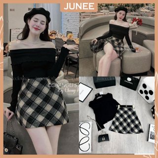  Set Bộ Đồ Nữ Áo Trễ Vai Dài Tay Chất Len Tăm Mix Chân Váy Caro Sọc Đen Chất Dạ Kèm Quần Lót Trong Dáng Freesize B309125 