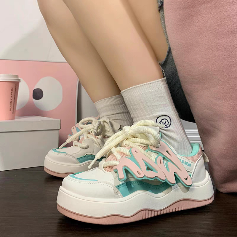 NOWSHIP Giày thể thao tag chữ WOA da Ulzzang buộc dây thừng đế cao 4p 2 màu đen/hồng mới độn lượn sóng nhẹ cá tính hot