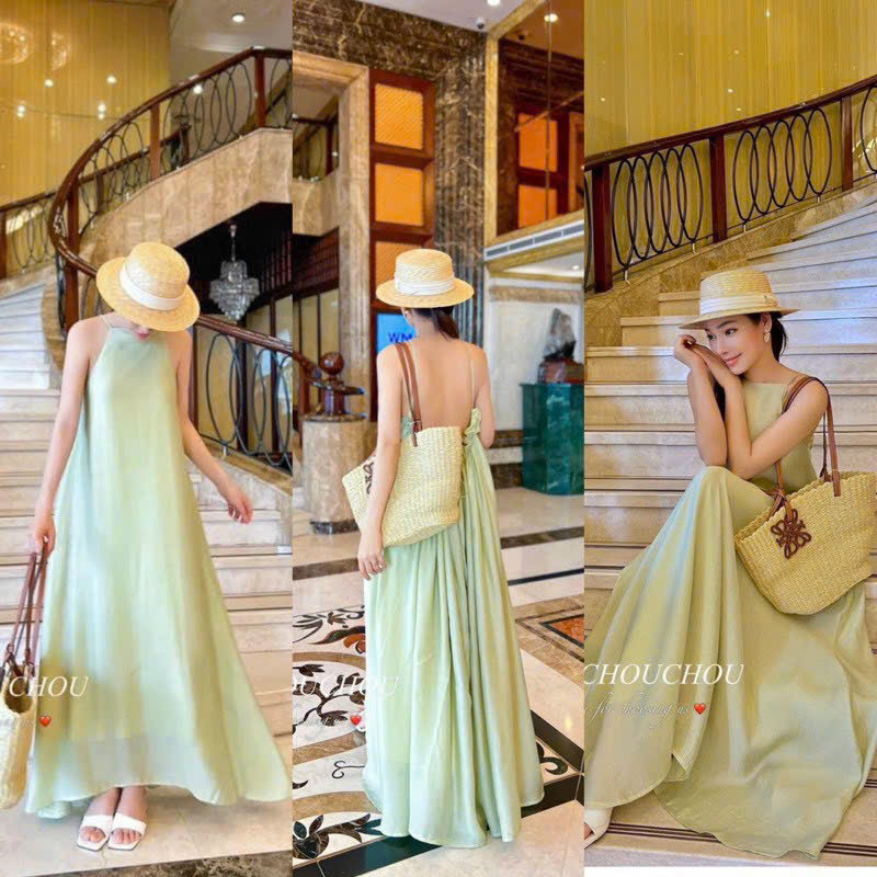 Váy maxi 2 dây đi biển đan dây hở lưng, Đầm maxi đi biển sexy mềm đẹp bồng bềnh hàng đẹp chất đũi lụa mát lạnh mùa hè