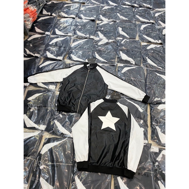 Áo khoác da bomber nam nữ Dolce Level thêu hình ngôi sao lưng phối tay sọc đen trắng lót gió 2 lớp siêu hotrend.