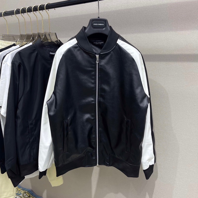 Áo khoác da bomber nam nữ Dolce Level thêu hình ngôi sao lưng phối tay sọc đen trắng lót gió 2 lớp siêu hotrend.