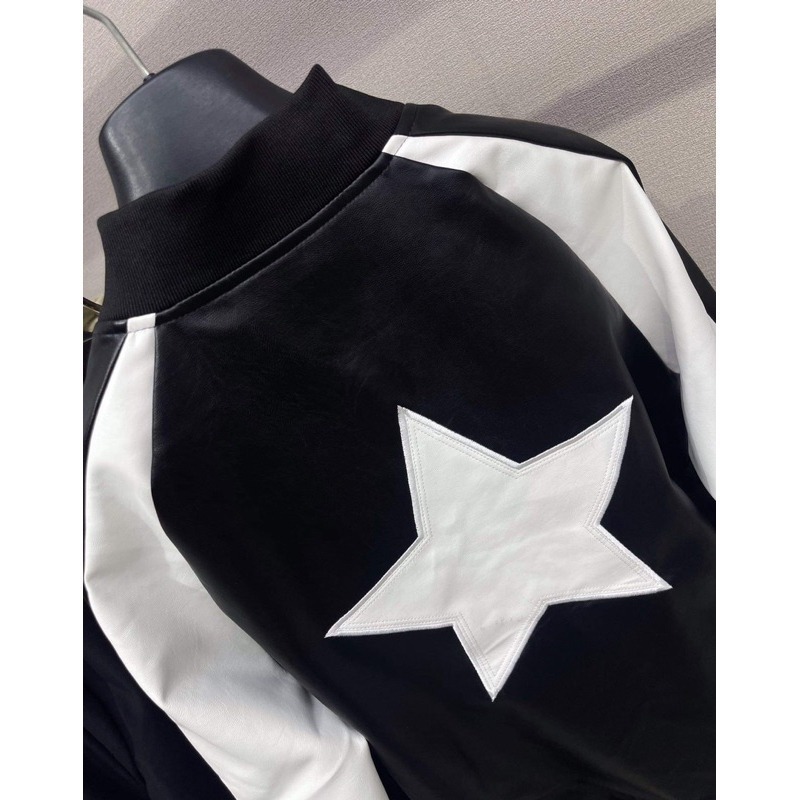 Áo khoác da bomber nam nữ Dolce Level thêu hình ngôi sao lưng phối tay sọc đen trắng lót gió 2 lớp siêu hotrend.